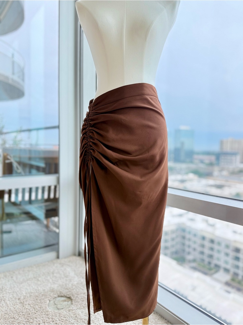 PrettyLittleThing Brown Asymmetrical Ruched Satin Skirt